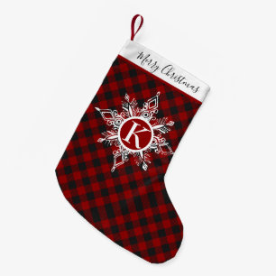 Monogram snowflake on plaid small christmas stocking