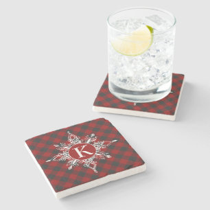 Monogram snowflake on plaid stone coaster