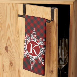 Monogram snowflake on plaid  tea towel