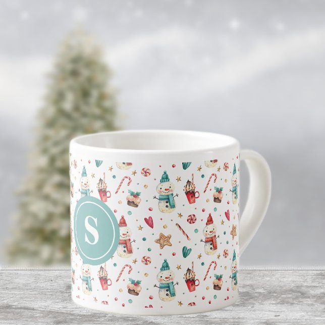 Monogram Snowman & Sweets Pattern 6oz Espresso Cup (Creator Uploaded)