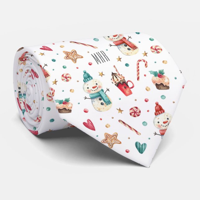 Monogram, Snowman Sweets Pattern Holiday Tie (Rolled)