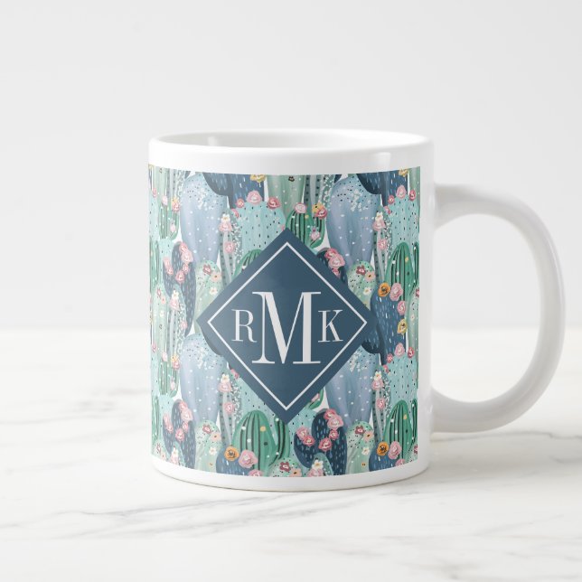 Monogram | Soft Patel Cactus Pattern Large Coffee Mug (Right)