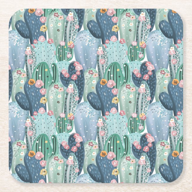 Monogram | Soft Patel Cactus Pattern Square Paper Coaster (Front)