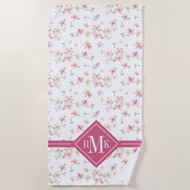 Monogram | Soft Pink Watercolor Flower Beach Towel (Front)