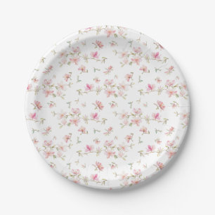 Monogram   Soft Pink Watercolor Flower Pattern Paper Plate