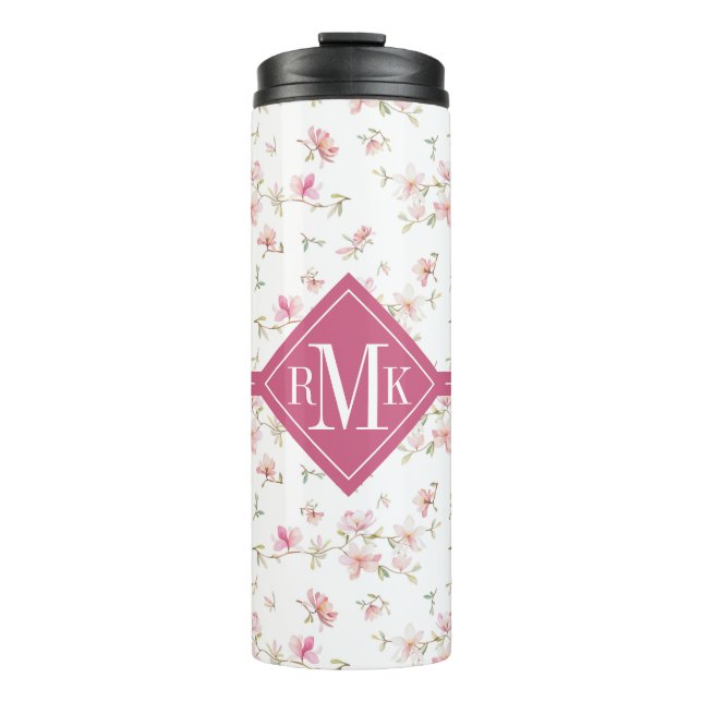 Monogram | Soft Pink Watercolor Flower Pattern Thermal Tumbler (Front)