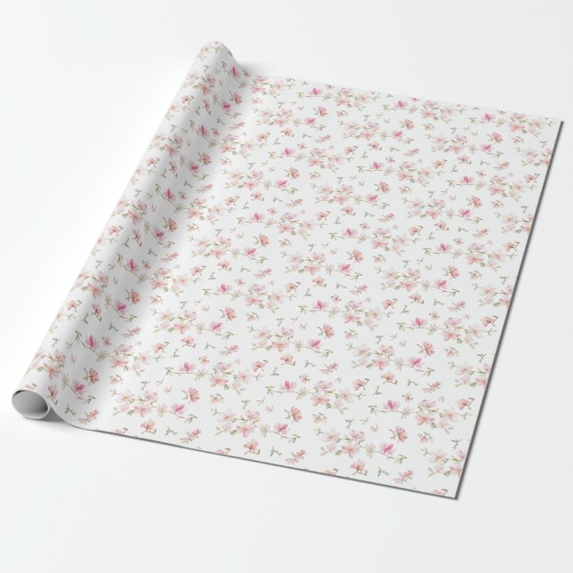 Monogram | Soft Pink Watercolor Flower Pattern Wrapping Paper (Unrolled)