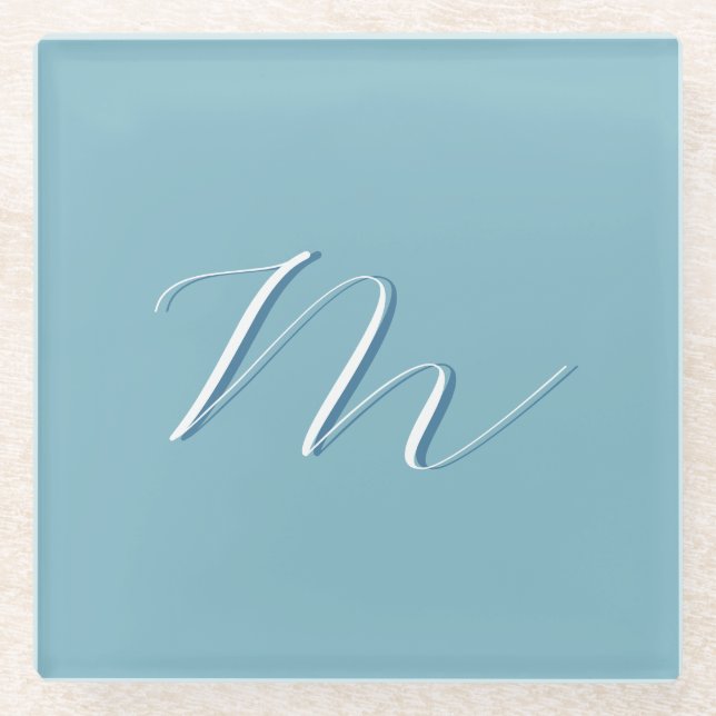 Monogram Solid Blue Pastel Minimalist Professional Glass Coaster (Front)