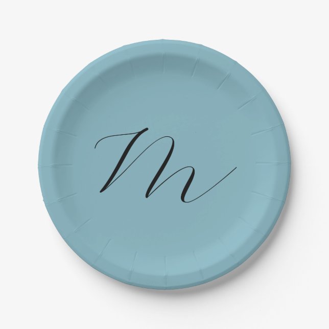Monogram Solid Blue Pastel Minimalist Professional Paper Plate (Front)