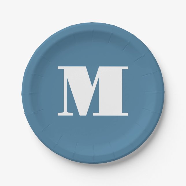 Monogram Solid Blue Pastel Minimalist Professional Paper Plate (Front)
