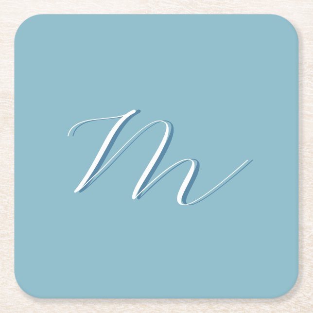 Monogram Solid Blue Pastel Minimalist Professional Square Paper Coaster (Front)