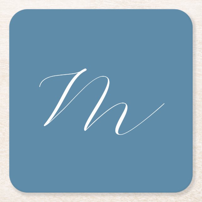 Monogram Solid Blue Pastel Minimalist Professional Square Paper Coaster (Front)