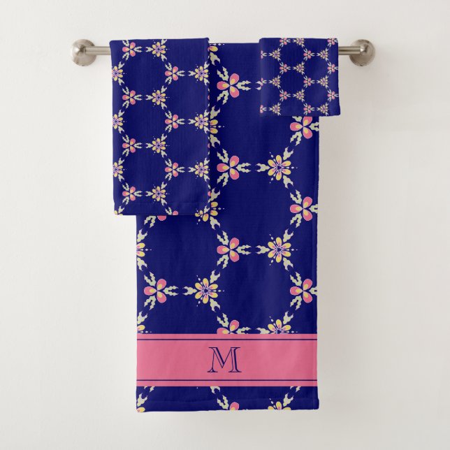 Monogram Spanish Mediterranean Indigo Floral Tile Bath Towel Set (Insitu)