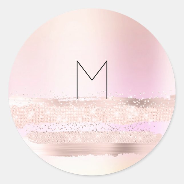 Monogram Spark Rose  Blush Initials Name Ombré Classic Round Sticker (Front)