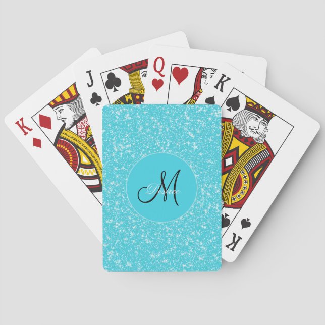 Monogram Sparkle Glitter Teal White Elegant Girly Playing Cards (Back)