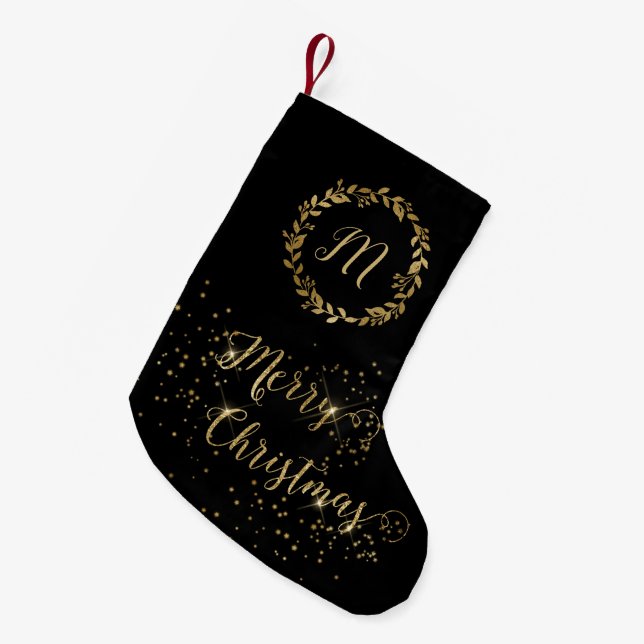 Monogram Sparkly Black Gold Merry Christmas Small Christmas Stocking (Front (Hanging))