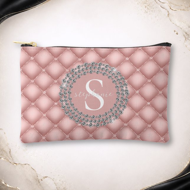 Monogram Sparkly Diamonds Tufted Custom Blush Pink Accessory Pouch (Monogram Sparkly Diamonds Tufted Custom Blush Pink Accessory Pouch)