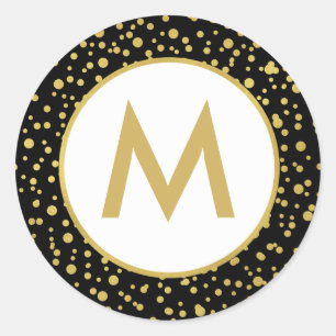 Monogram Sparkly Gold, Black & White Christmas Classic Round Sticker