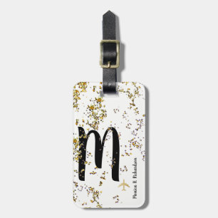 monogram + splattered gold dots on white luggage tag