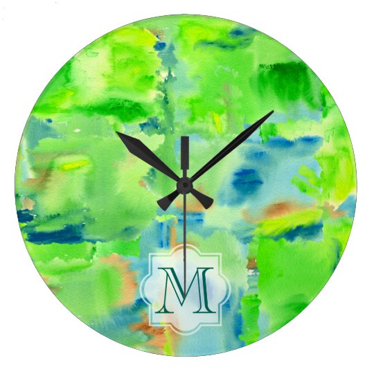 Monogram Spring Forest Abstract Watercolor Collage Large Clock