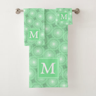 Monogram spring green circles pattern bath towel set