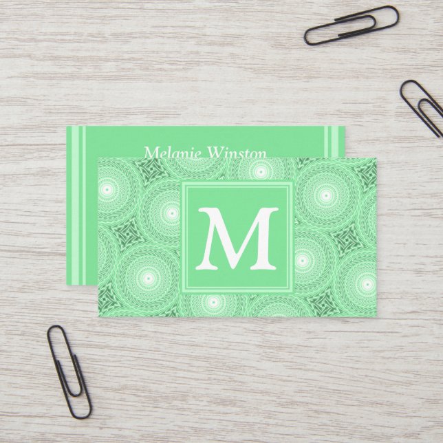 Monogram spring green circles pattern business card (Front/Back In Situ)