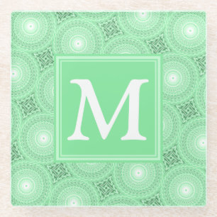 Monogram spring green circles pattern glass coaster