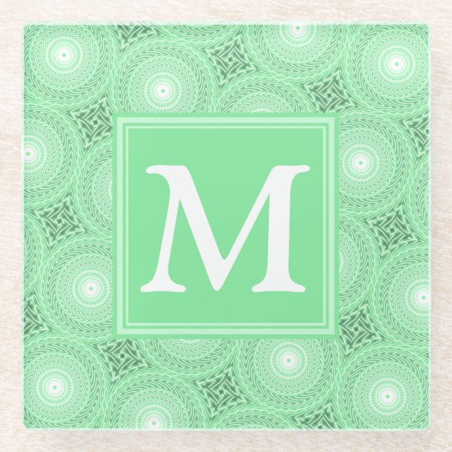 Monogram spring green circles pattern glass coaster (Front)