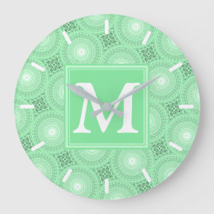 Monogram spring green circles pattern large clock