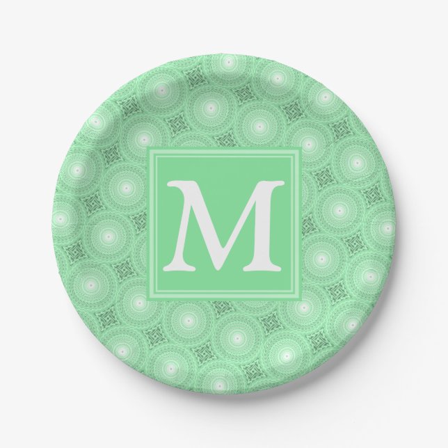 Monogram spring green circles pattern paper plate (Front)