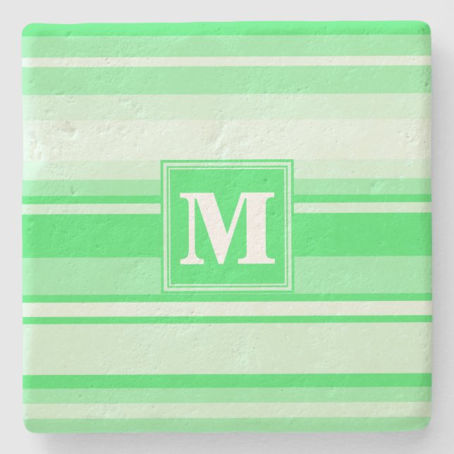 Monogram spring green stripes stone coaster (Front)