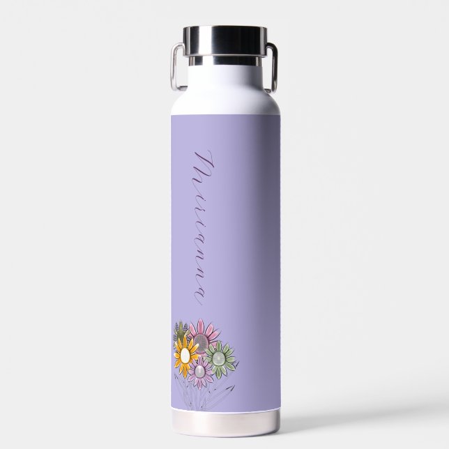 Monogram Spring Into Action Daisy Florals Purple Water Bottle (Front)