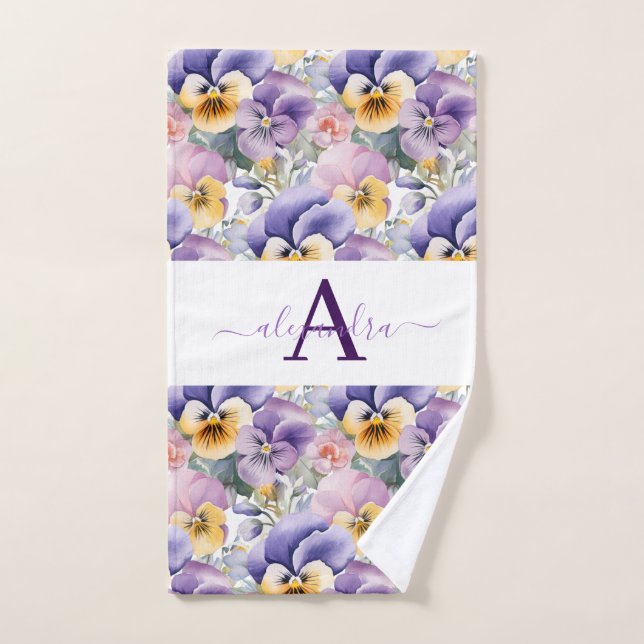 Monogram Spring Pansy Pansies Towel Set (Hand Towel)