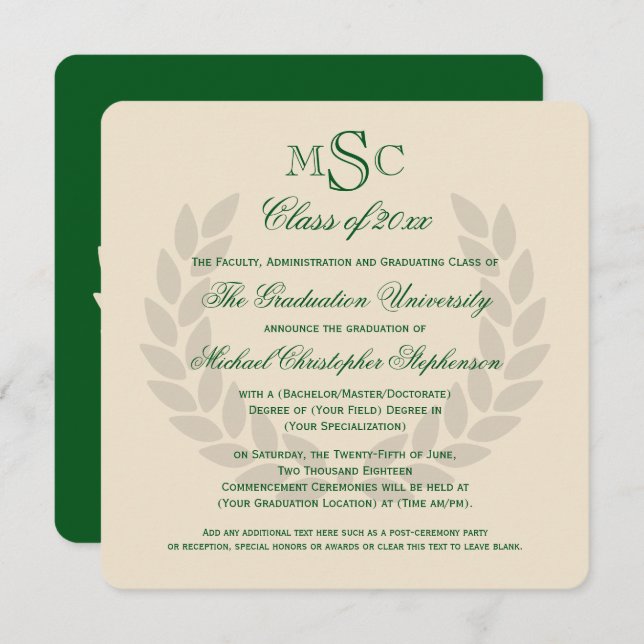 Monogram Square Classic Green College Graduation Invitation (Front/Back)