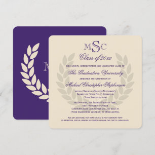 Monogram Square Classic Purple College Graduation Invitation