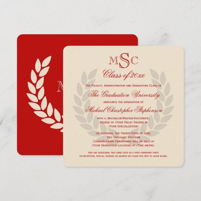 Monogram Square Classic Red College Graduation Invitation (Front/Back)