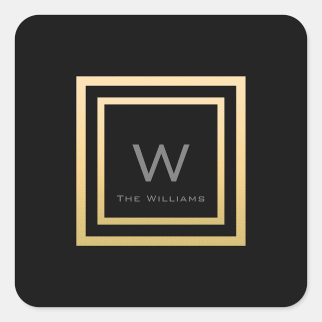 Monogram Square Gold Frame Minimalism VIP Wedding Sticker (Front)