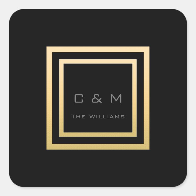 Monogram Square Gold Frame Minimalism VIP Wedding Sticker (Front)