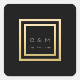 Monogram Square Gold Frame Minimalism VIP Wedding Sticker
