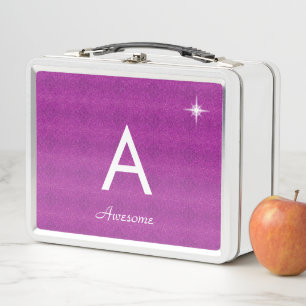 Monogram & star on glitter royal purple metal lunch box