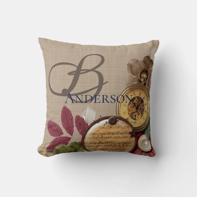 Monogram Steampunk Clock and Flowers Cushion (Front)