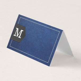 Monogram   Stitched Blue Leather and Patch Business Card