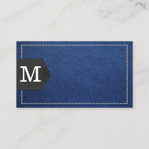 Monogram   Stitched Blue Leather and Patch Business Card