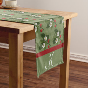 Monogram  Strawberry Pattern on Sage Green Short Table Runner