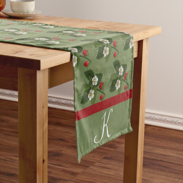 Monogram  Strawberry Pattern on Sage Green Short Table Runner (In Situ)
