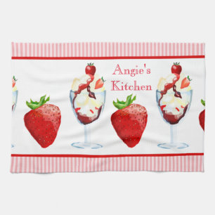 Monogram Strawberry Sundae Ice Cream Pink Stripes Tea Towel