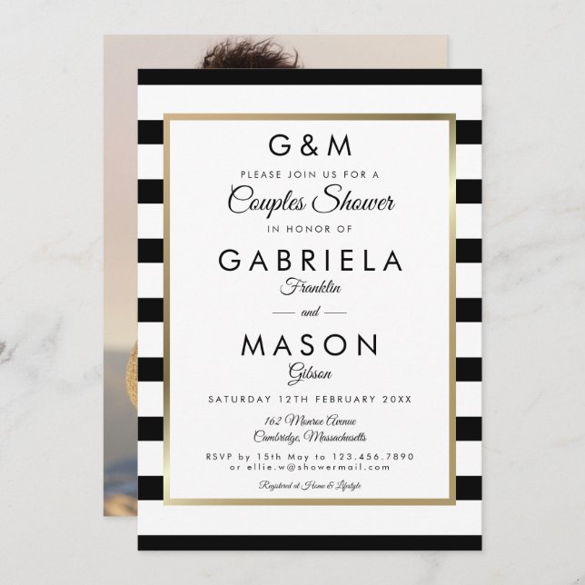 Monogram Stripe Wedding Couples Shower Photo Invitation (Front/Back)