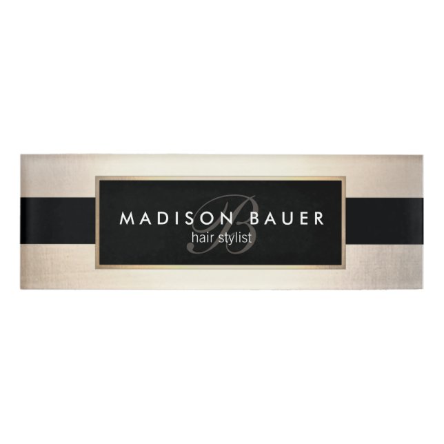 Monogram Striped Black Gold Name Tag (Front)