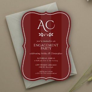 Monogram Striped Rosewood Red Engagement Party Invitation