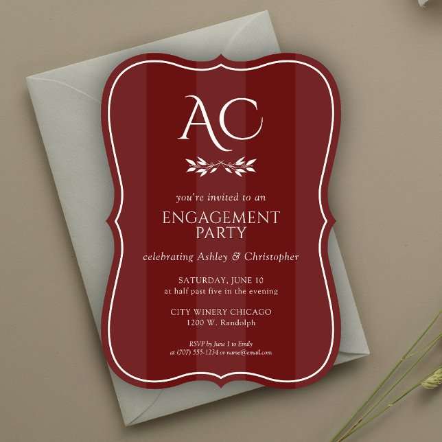 Monogram Striped Rosewood Red Engagement Party Invitation (Creator Uploaded)